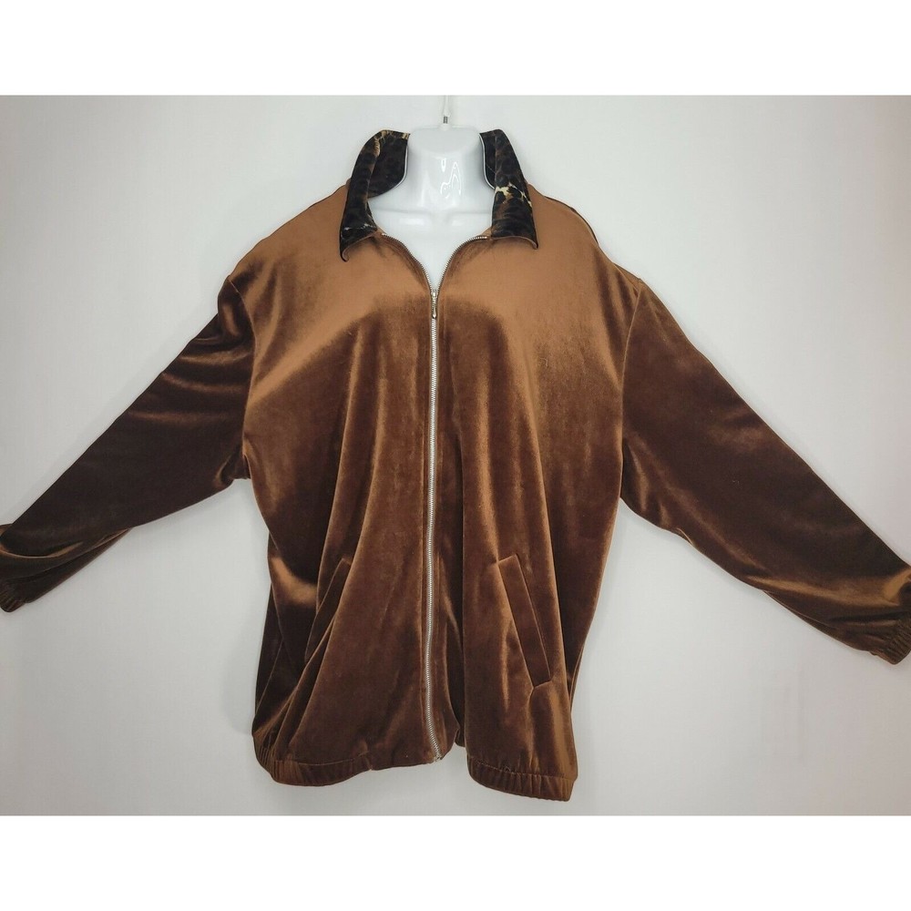 VINTAGE 80s Teddi Velour Animal Print Collar Zipper Track Jacket SZ 1X